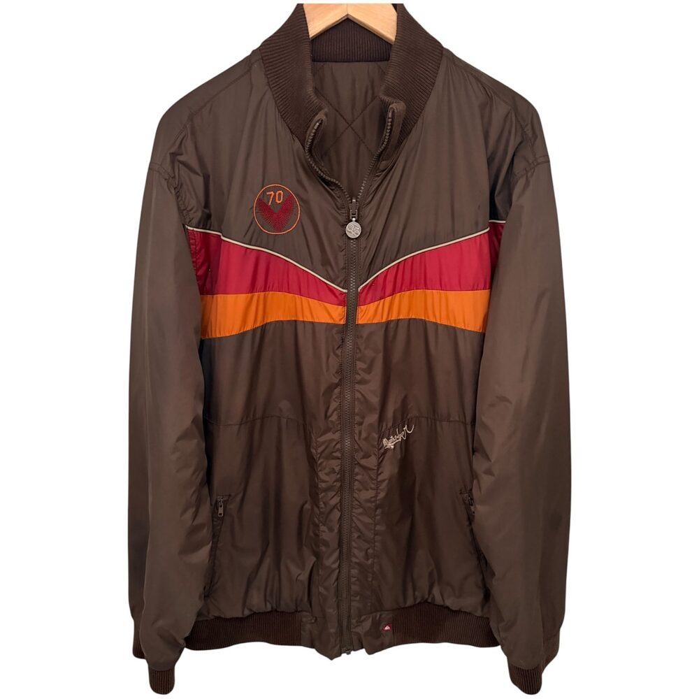 Quiksilver Jacket Men's XL Brown Red and Orange 1970s-Style Sunset Chevron